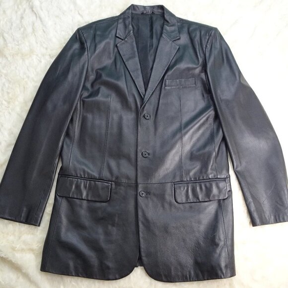 Macy's Alfani Black Long Leather Coat Medium EUC - Picture 1 of 8